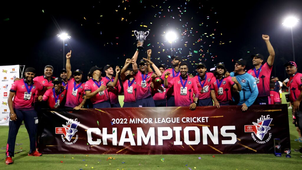 The Seattle Thunderbolts celebrate winning the 2022 Toyota Minor League Cricket Championship